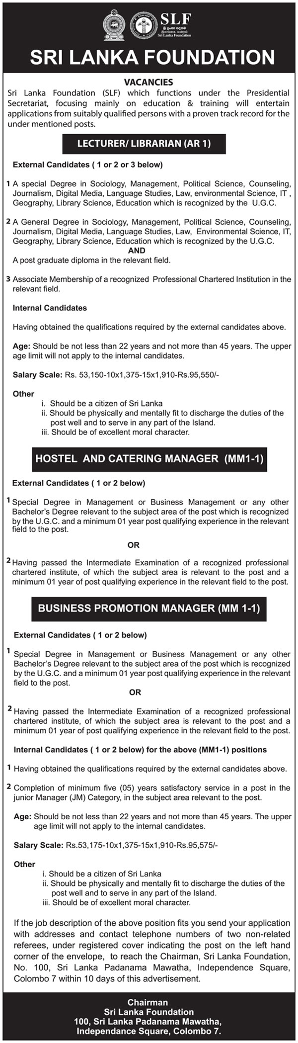 Lecturer/Librarian, Hostel & Catering Manager, Business Promotion Manager - Sri Lanka Foundation